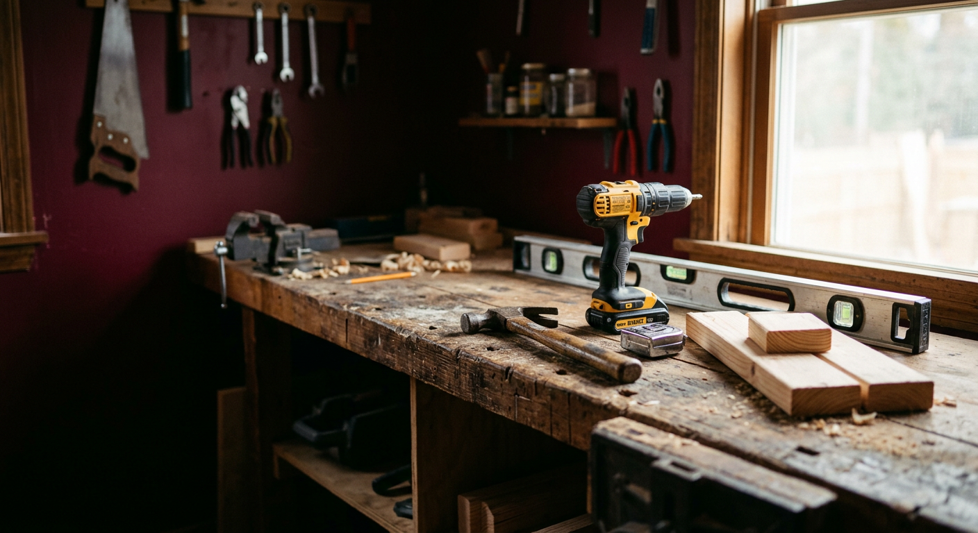 A worn workshop bench with a drill, hammer and level against a burgundy wall